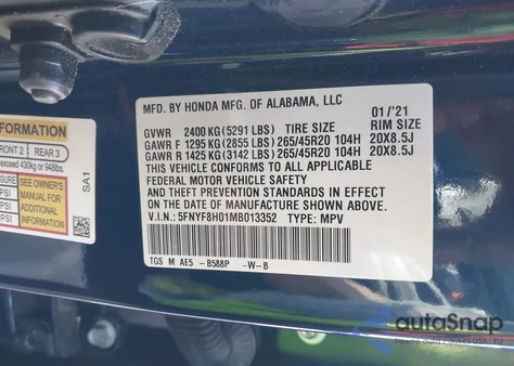 2021 Honda Passport Awd Elite from USA, damaged, VIN 5FNYF8H01MB013352